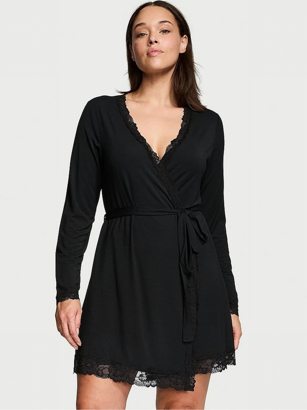 Black Victoria Secret Modal Lace Trim Robe Nightwear | QPUID2148