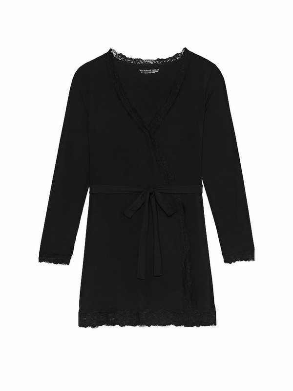 Black Victoria Secret Modal Lace Trim Robe Nightwear | QPUID2148