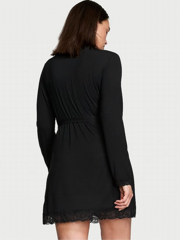Black Victoria Secret Modal Lace Trim Robe Lingerie | JNBOD0396