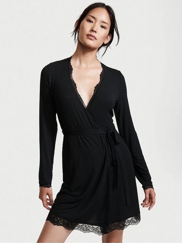 Black Victoria Secret Modal Long Sleeve Robe Nightwear | AWIPG8940