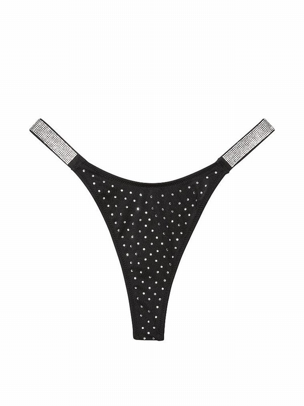 Black Victoria Secret Nero Thong Shine Strap Bikini Bottom | AZMEB4301