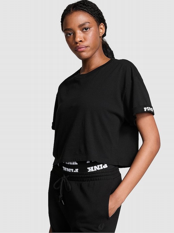 Black Victoria Secret Oversized Crop Sleeve T Shirts | CAIQE7089