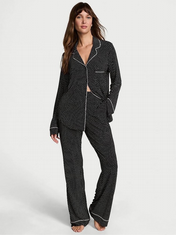 Black Victoria Secret Pin Dot Modal Long Nightwear | OVNHZ7860
