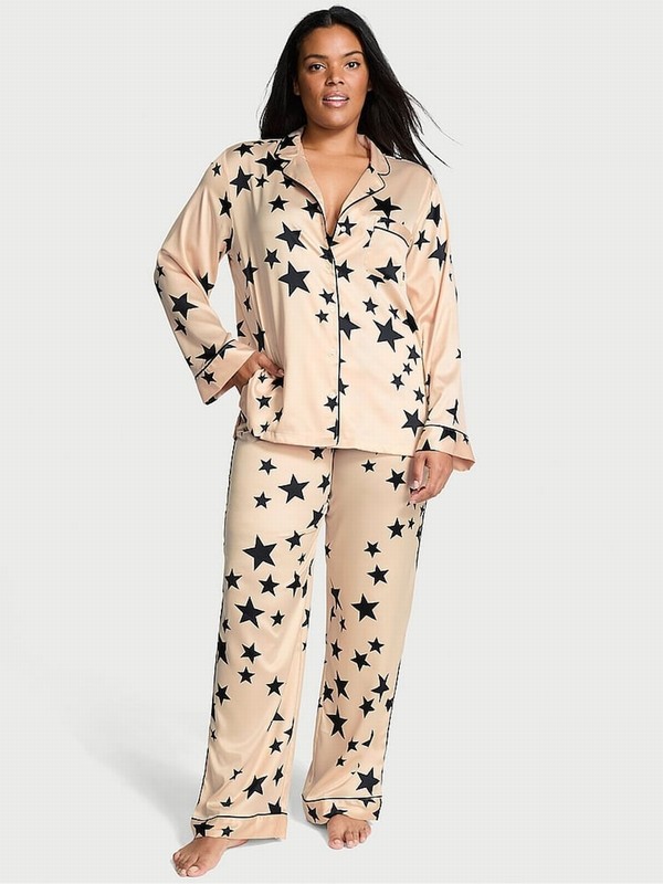Black Victoria Secret Pretty Star Satin Long Nightwear | EXWMU2417