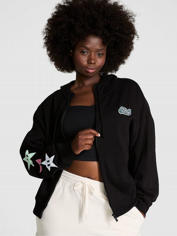 Black Victoria Secret Pure Aspen Zip Up Fleece Hoodie | AJQSO3841