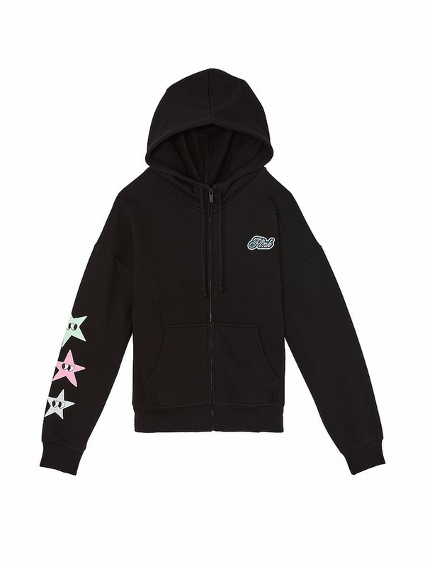 Black Victoria Secret Pure Aspen Zip Up Fleece Hoodie | AJQSO3841