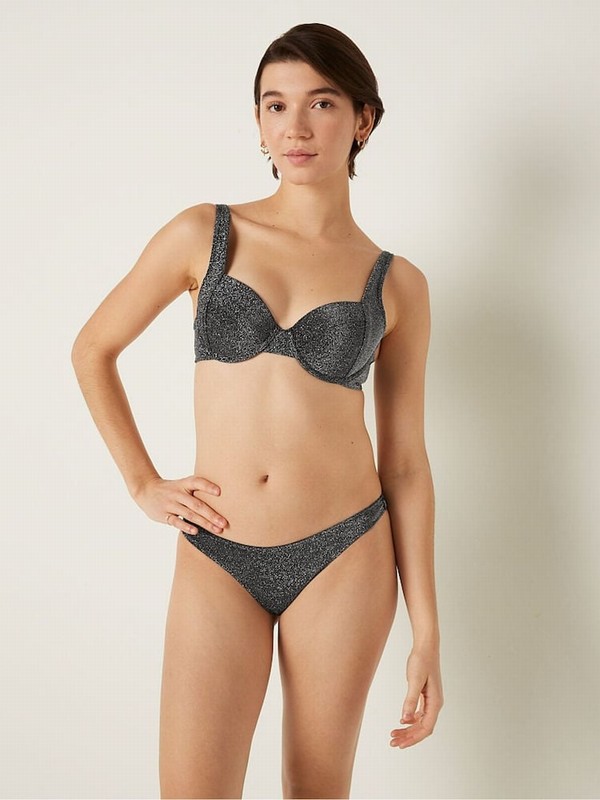 Black Victoria Secret Pure Cheeky Shimmer High Waist Cheeky Bikini Bottom | UBFPC7614