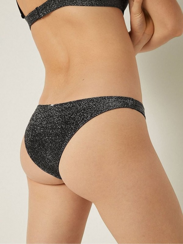 Black Victoria Secret Pure Cheeky Shimmer High Waist Cheeky Bikini Bottom | UBFPC7614