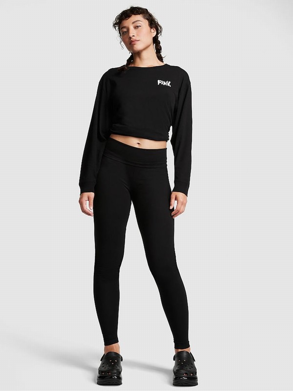 Black Victoria Secret Pure Cotton Foldover Leggings | XWLDS9601