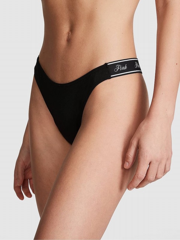 Black Victoria Secret Pure Cotton Logo Scoop Thong Underwear | THNCE2840