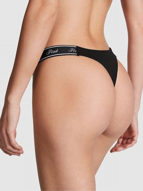 Black Victoria Secret Pure Cotton Logo Scoop Thong Underwear | THNCE2840