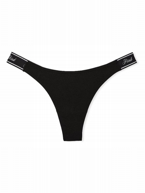 Black Victoria Secret Pure Cotton Logo Scoop Thong Underwear | THNCE2840