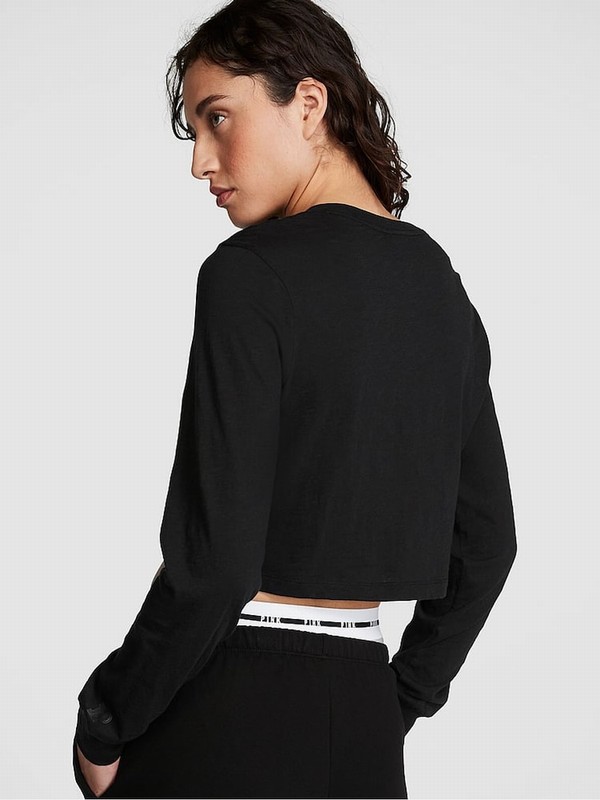 Black Victoria Secret Pure Cotton Slub Cropped Boxy Long Sleeve T Shirts | JBUZW6729