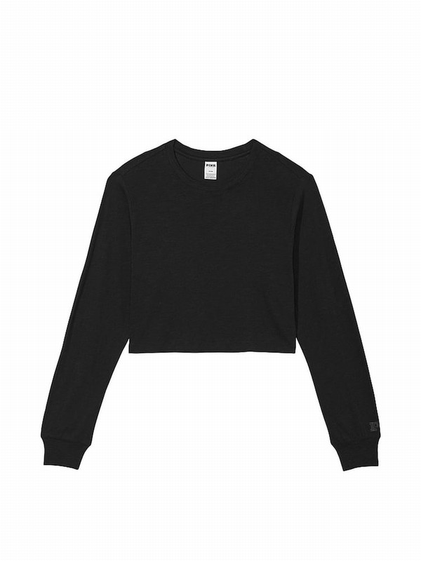 Black Victoria Secret Pure Cotton Slub Cropped Boxy Long Sleeve T Shirts | JBUZW6729
