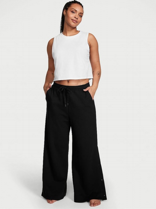 Black Victoria Secret Pure Fleece Popper Wide Leg Joggers | QWJAU5860