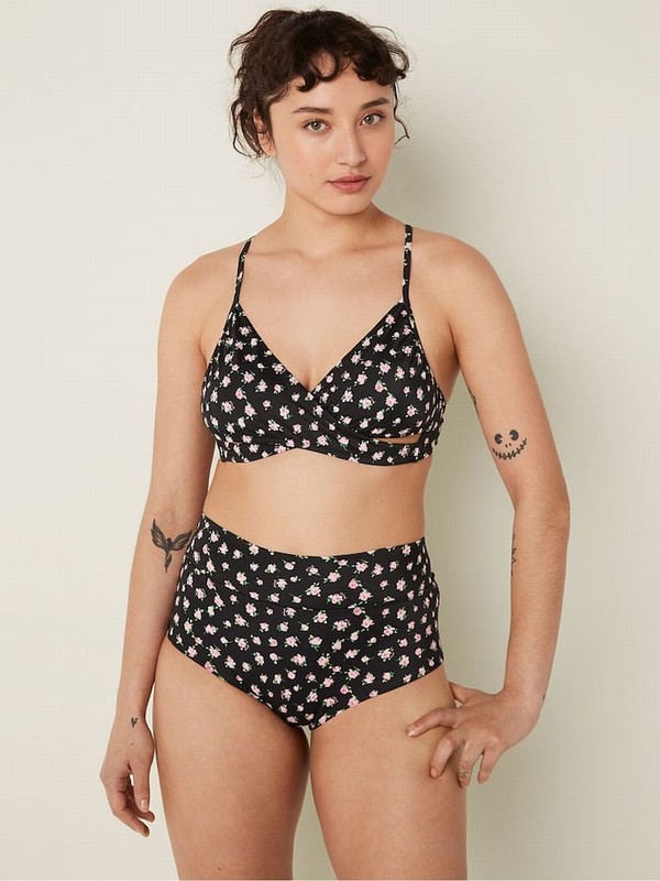 Black Victoria Secret Pure Floral High Waisted Bikini Bottom | FENVS7639