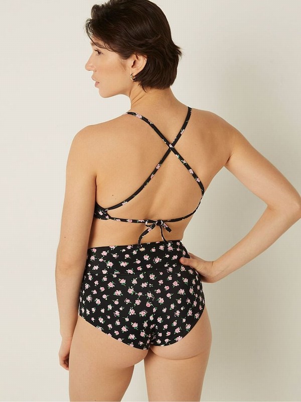 Black Victoria Secret Pure Floral High Waisted Bikini Bottom | FENVS7639