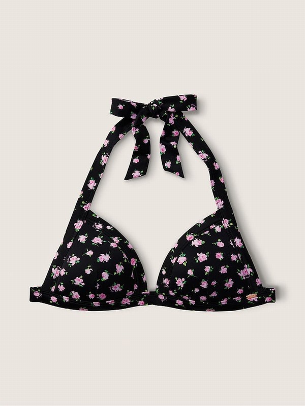 Black Victoria Secret Pure Floral PushUp Triangle Bikini Top | RXTOD4862