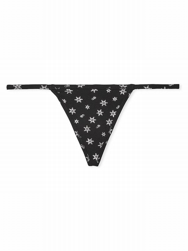 Black Victoria Secret Pure Foil Snowflake Print Cotton G String Underwear | YOAUE7065