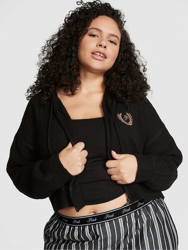 Black Victoria Secret Pure Full Zip Cable Knit Hoodie | PSUQZ7492