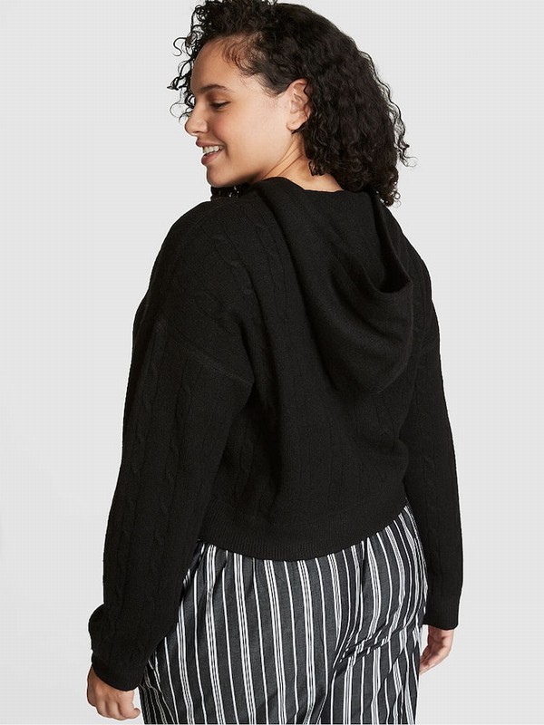 Black Victoria Secret Pure Full Zip Cable Knit Hoodie | PSUQZ7492