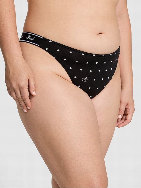 Black Victoria Secret Pure Heart Print Thong Cotton Logo Underwear | BTVFI2718