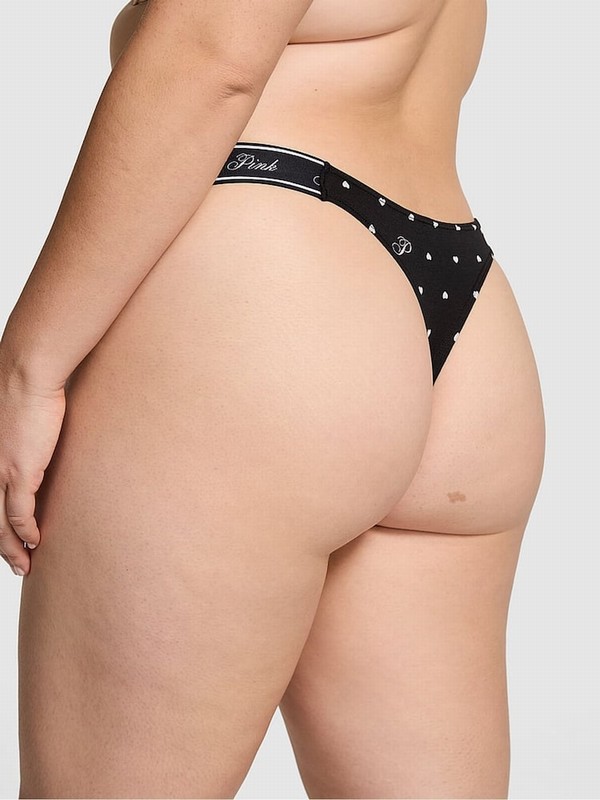 Black Victoria Secret Pure Heart Print Thong Cotton Logo Underwear | BTVFI2718