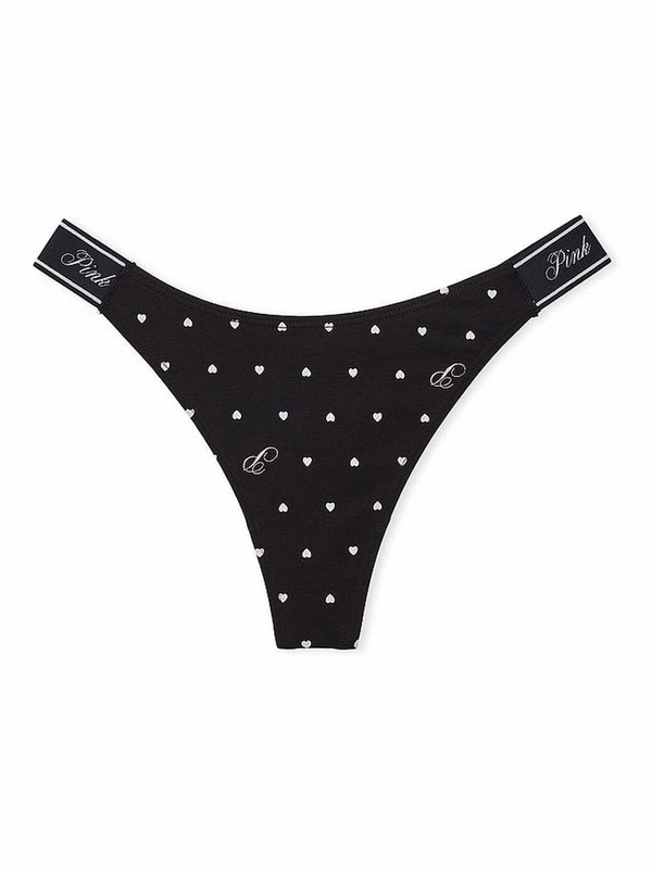 Black Victoria Secret Pure Heart Print Thong Cotton Logo Underwear | BTVFI2718