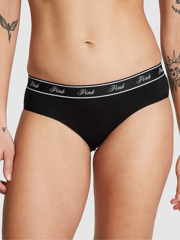 Black Victoria Secret Pure Hipster Cotton Logo Underwear | UEAMD1739
