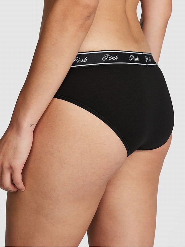 Black Victoria Secret Pure Hipster Cotton Logo Underwear | UEAMD1739