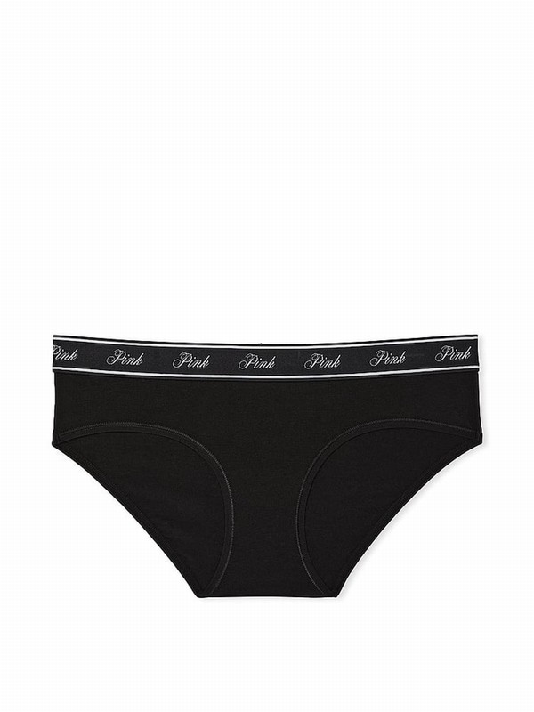 Black Victoria Secret Pure Hipster Cotton Logo Underwear | UEAMD1739