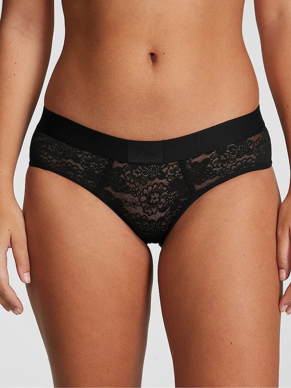 Black Victoria Secret Pure Lace Hipster Logo Underwear | YVKFR9172