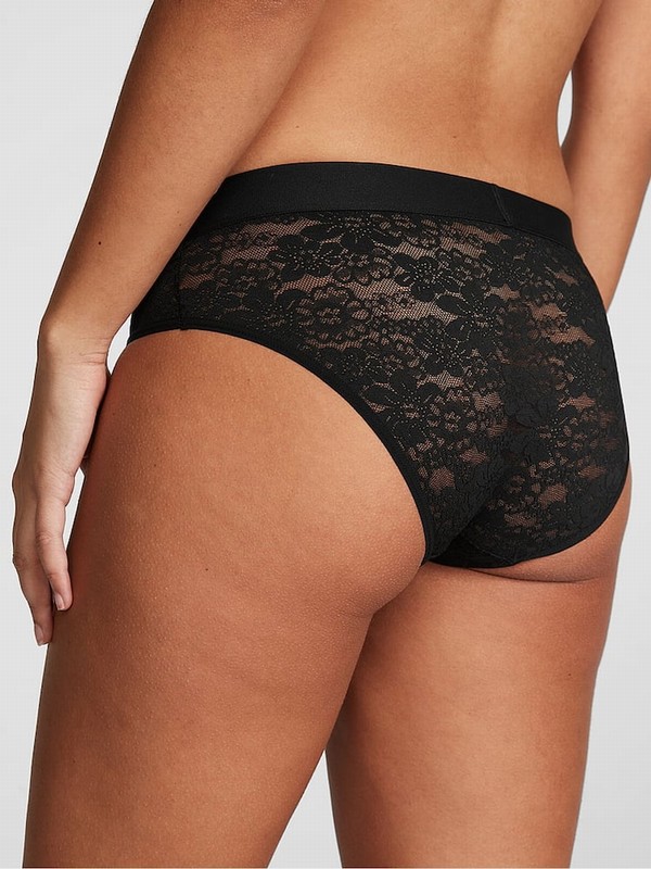 Black Victoria Secret Pure Lace Hipster Logo Underwear | YVKFR9172