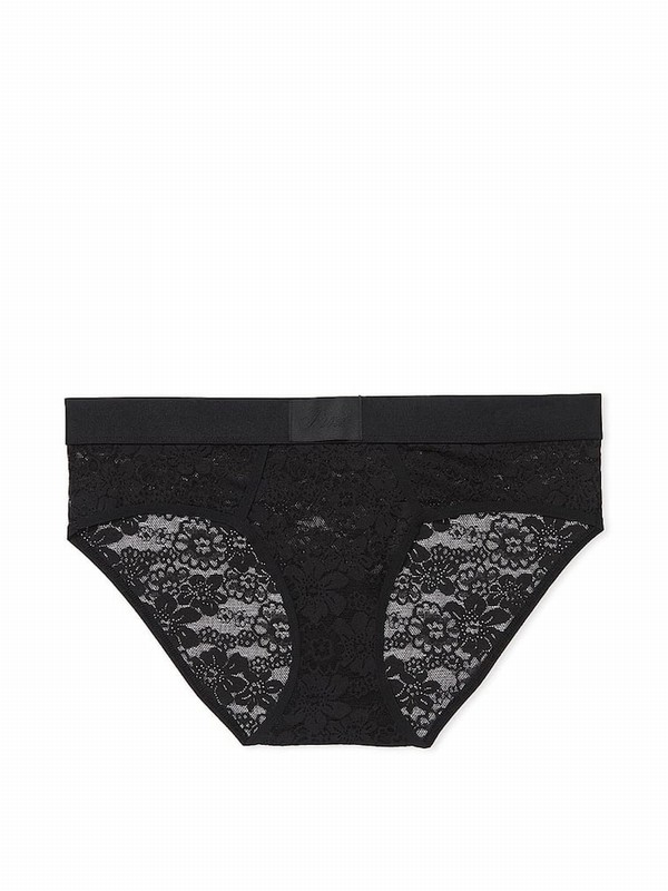 Black Victoria Secret Pure Lace Hipster Logo Underwear | YVKFR9172