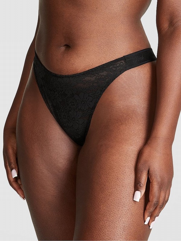 Black Victoria Secret Pure Lace Logo Scoop Thong Underwear | QUHSF3586
