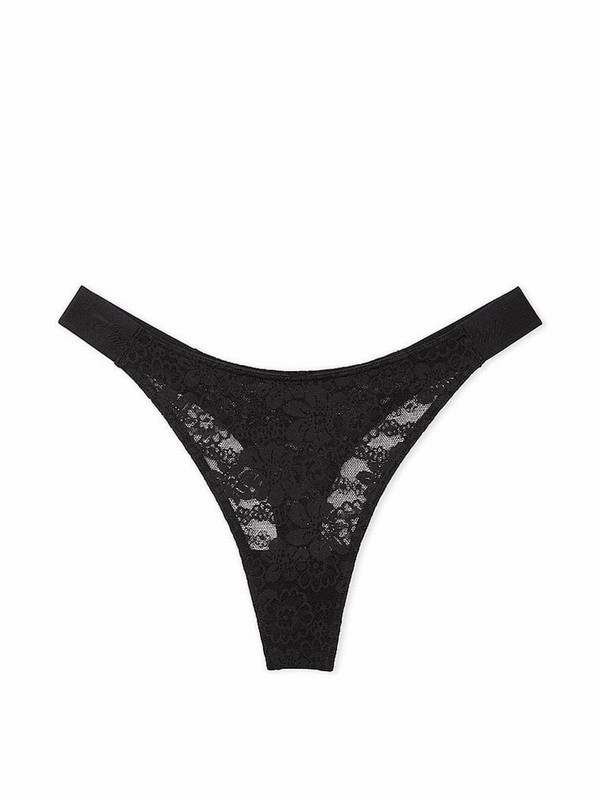 Black Victoria Secret Pure Lace Logo Scoop Thong Underwear | QUHSF3586