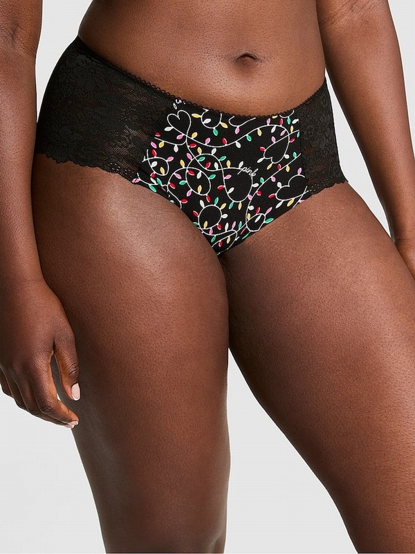 Black Victoria Secret Pure Lace Trim Lights Print Cheeky No Show Underwear | ZWFTP2076