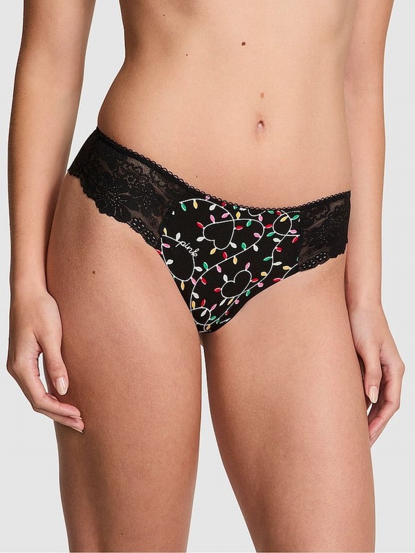 Black Victoria Secret Pure Lace Trim Lights Print Thong No Show Underwear | RHUGE1085