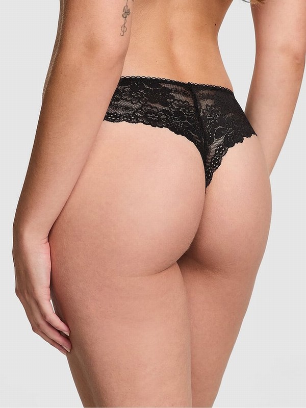 Black Victoria Secret Pure Lace Trim Lights Print Thong No Show Underwear | RHUGE1085