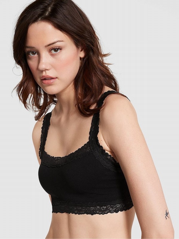 Black Victoria Secret Pure Lace Trim Rib Seamlesslette Bras | PMOXY0897