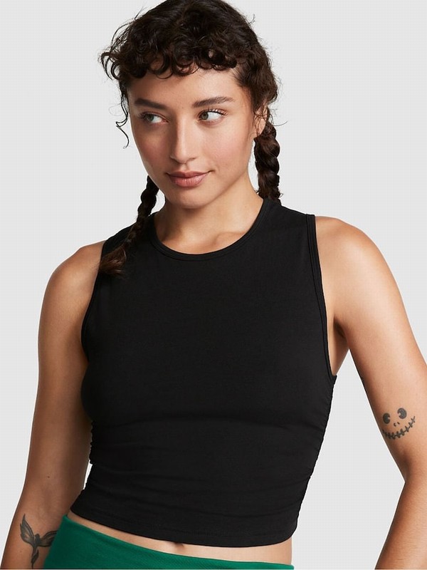 Black Victoria Secret Pure Ruched Side Crop Tank Tops | PTCER3654