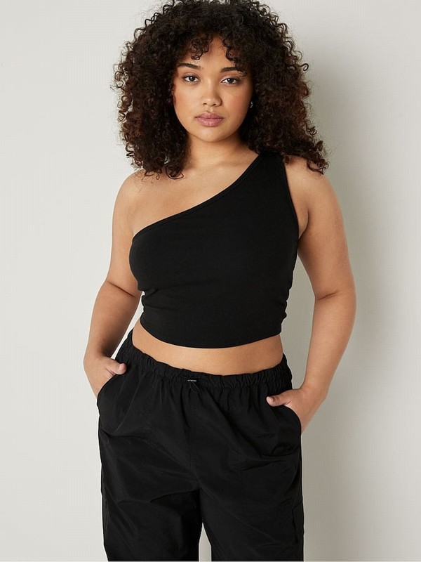 Black Victoria Secret Pure Shrunken One Shoulder Shelf Tank Tops | LYNTX2916