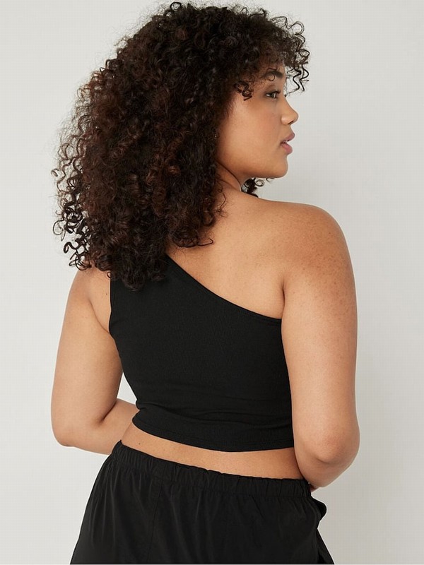 Black Victoria Secret Pure Shrunken One Shoulder Shelf Tank Tops | LYNTX2916