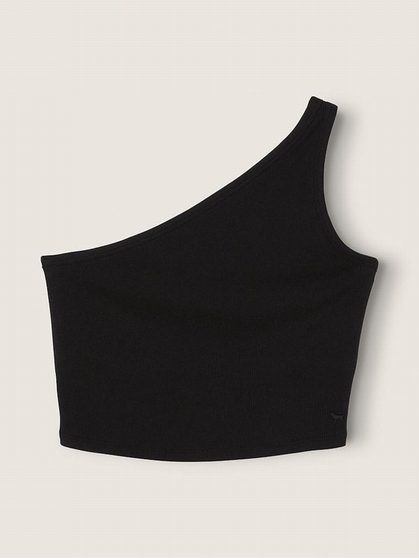 Black Victoria Secret Pure Shrunken One Shoulder Shelf Tank Tops | LYNTX2916