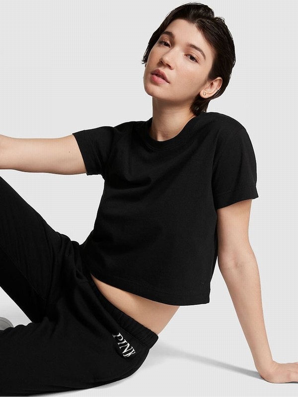 Black Victoria Secret Pure Sleeve Shrunken T Shirts | YWJAV5240