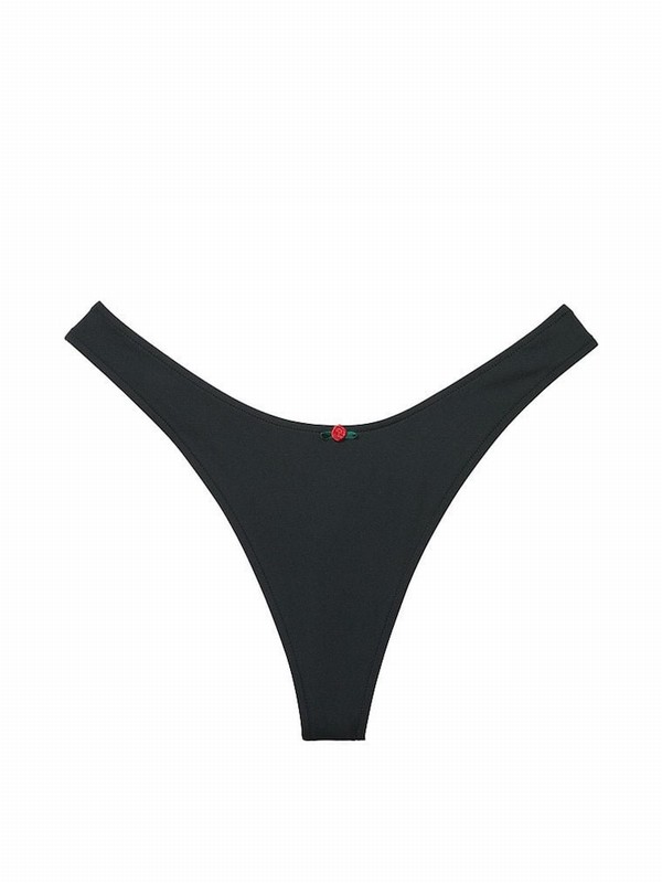 Black Victoria Secret Pure Thong Frankies Moon Bay Bikini Bottom | QCSBV3107
