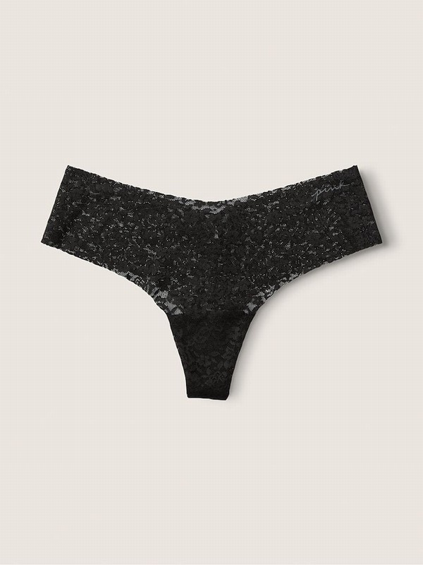 Black Victoria Secret Pure Thong Lace No Show Underwear | AOSXT5086
