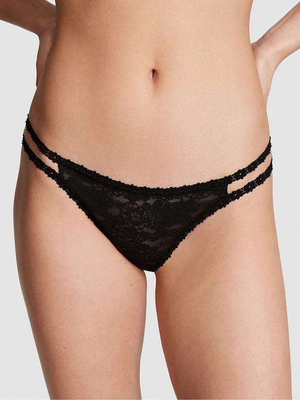 Black Victoria Secret Pure Thong Lace Underwear | RNDIK7041