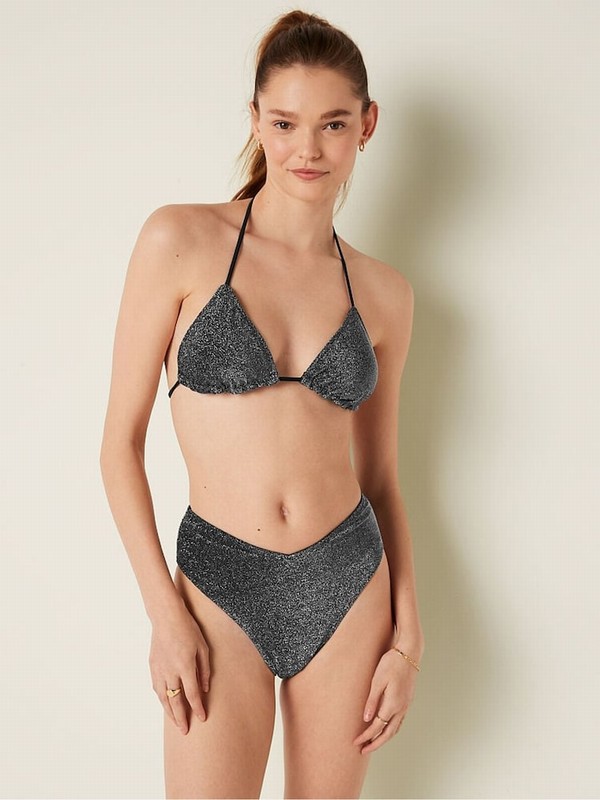 Black Victoria Secret Purezilian Shimmer High Waist Cheeky Bikini Bottom | HUIMB6394