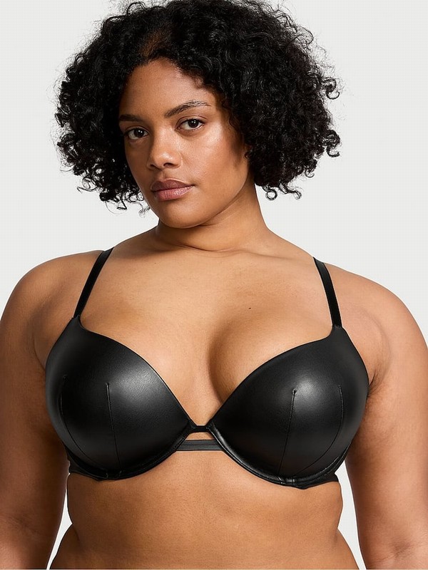 Black Victoria Secret Push Up Faux Leather Push Up Bras | KUFHA3508